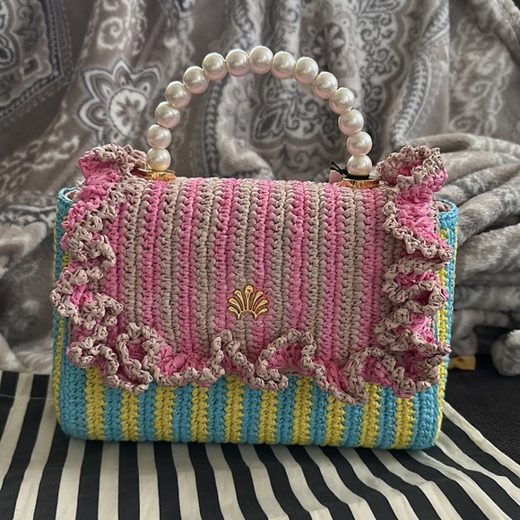 NWT! Lele Sadoughi Tabitha Raffia Ruffle Handbag Pink Purple Barbie Barbiecore - Picture 5 of 13